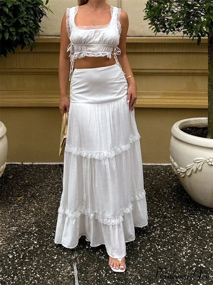 Vintage Lace Trim Sleeveless Square Neck Tank Crop Top with Long Skirt Set WHITE / S twopiecesset-250126