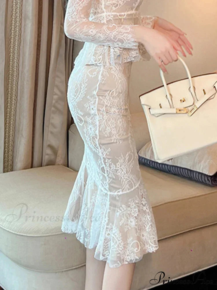 Vintage Lace Wrap Frill High Waist Fishtail Skirt skirt-250126