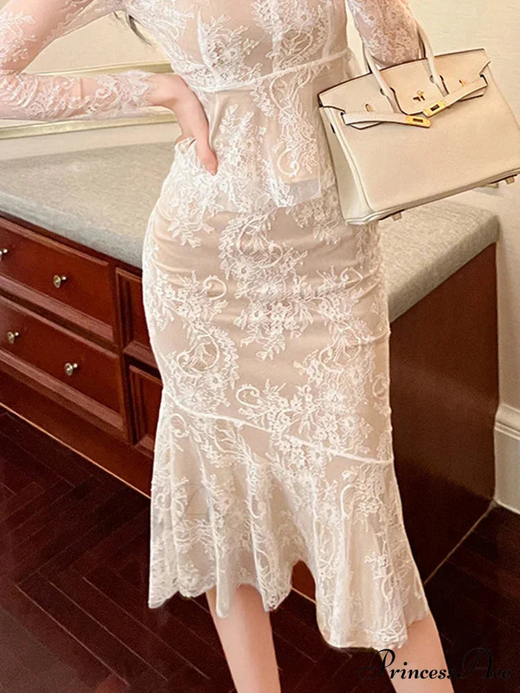 Vintage Lace Wrap Frill High Waist Fishtail Skirt skirt-250126