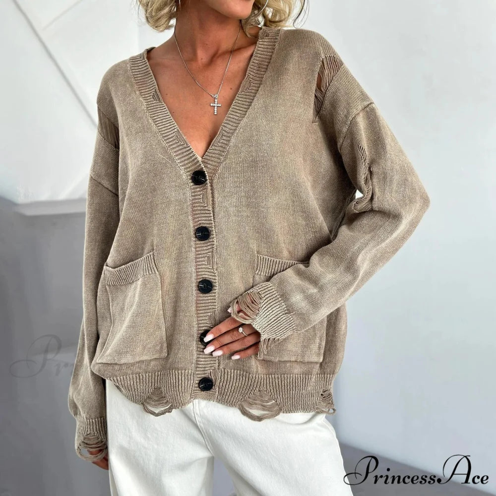 Vintage Large Soft Button Knitted Cardigan Khaki / S cardiagn-250126