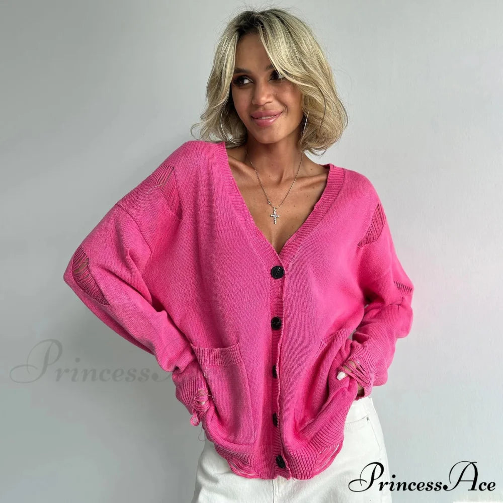 Vintage Large Soft Button Knitted Cardigan Pink / S cardiagn-250126
