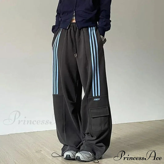 Vintage Lethargic Stripes Broad Leg Trousers Dark Grey / S (44-50kg) pants-241228