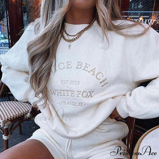 Vintage Letters Embroidered Crewneck Hoody Pullover white / S