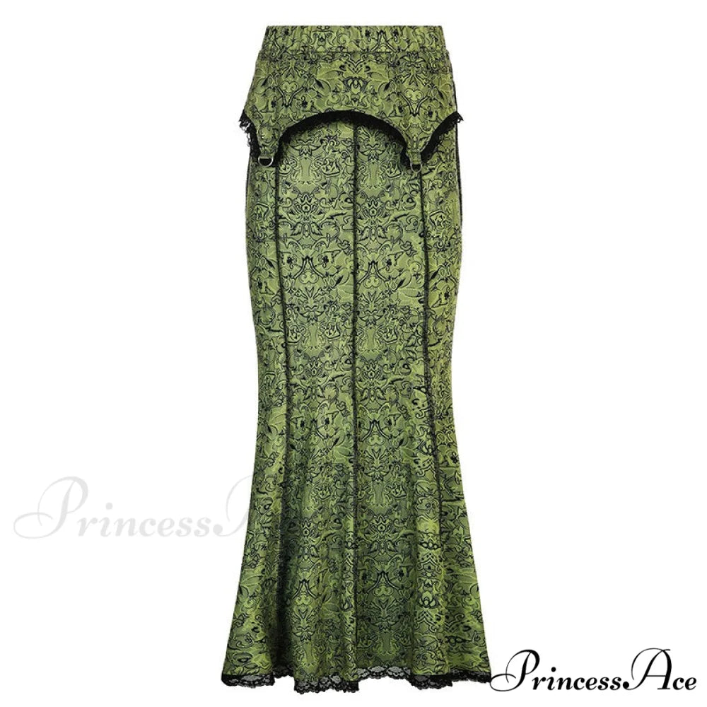Vintage Long Floral Maxi Skirt Green / S