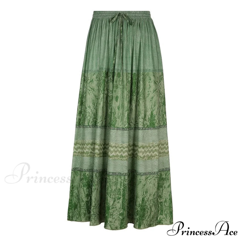 Vintage Long Floral Maxi Skirt Light Green / S