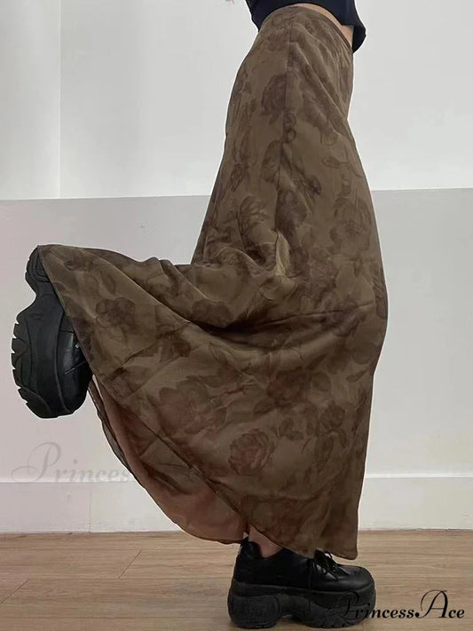 Vintage Long Skirt Retro Floral Print Low Rise Skirt skirt-250126