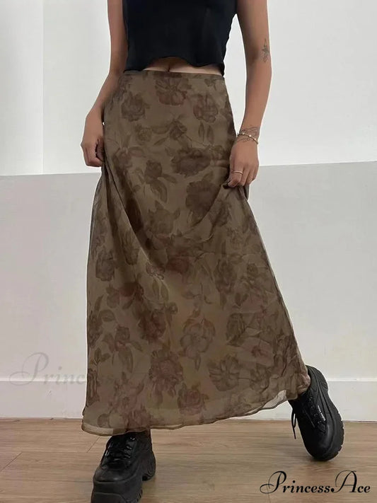 Vintage Long Skirt Retro Floral Print Low Rise Skirt Brown / S skirt-250126