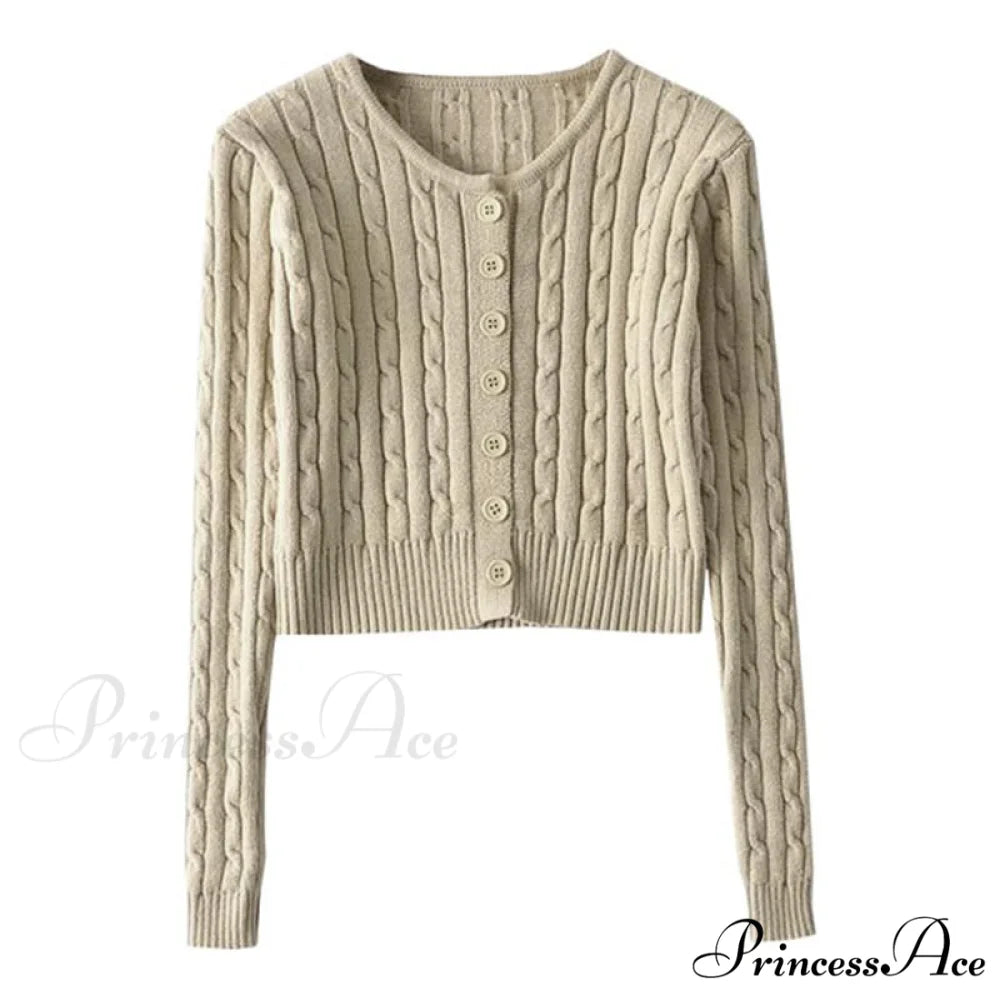 Vintage Long Sleeve Slim Knitted Cardigan Apricot / One Size