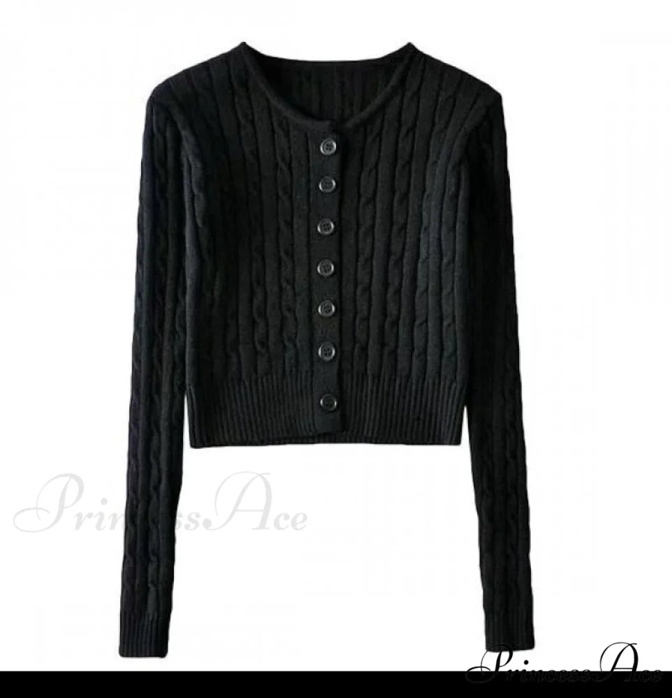 Vintage Long Sleeve Slim Knitted Cardigan Black / One Size