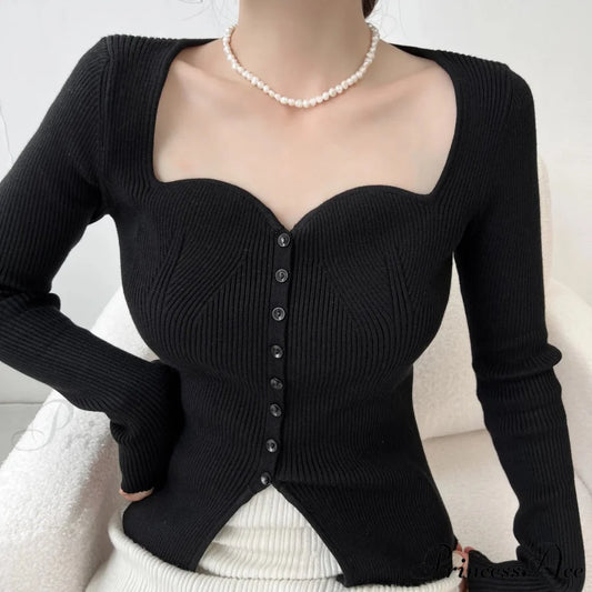 Vintage Long Sleeve Square Collar Slim Fashion Red Christmas Sweater Black / S