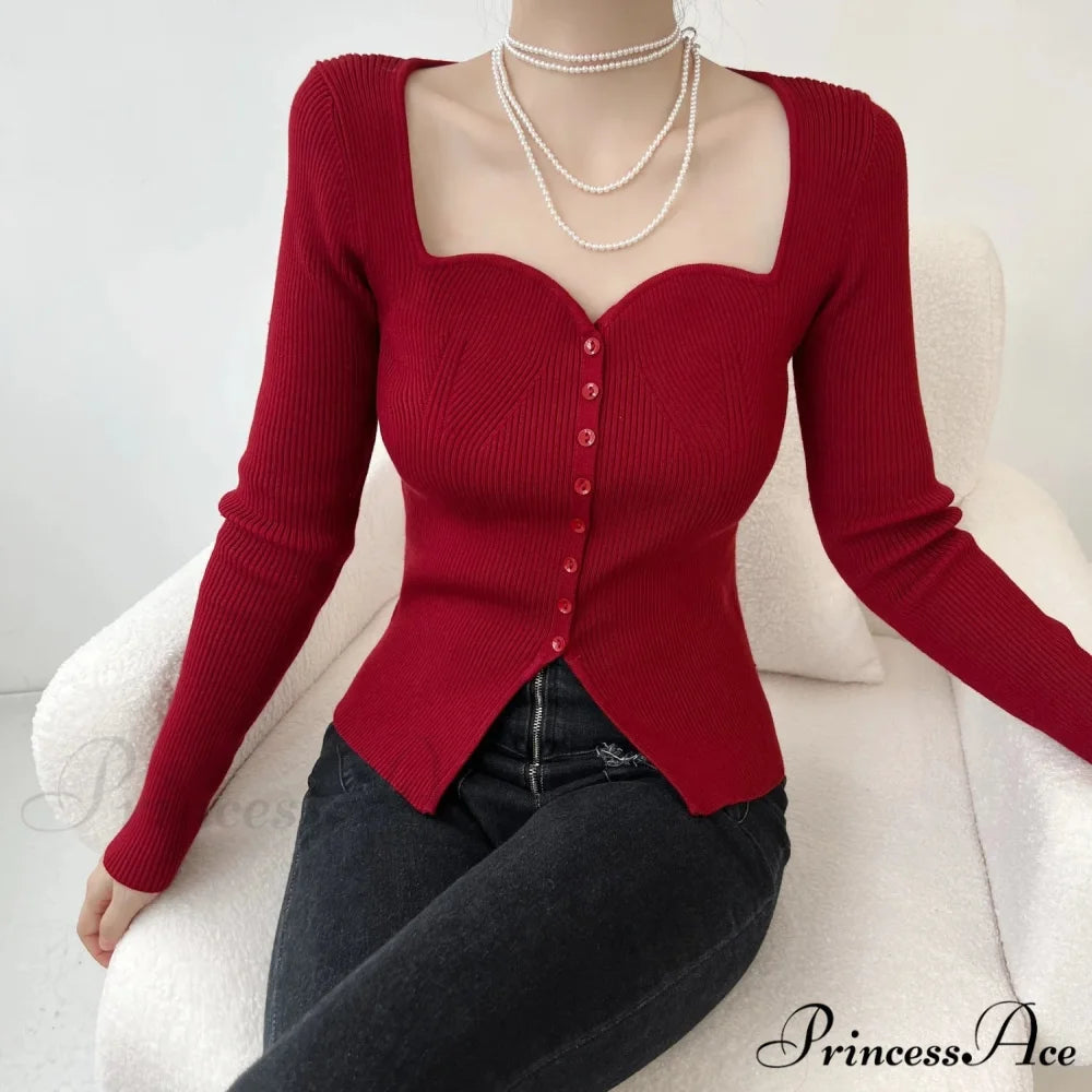 Vintage Long Sleeve Square Collar Slim Fashion Red Christmas Sweater Red / S