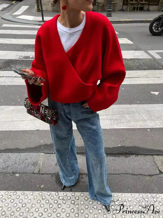 Vintage Loose Casual V Neck Long Sleeve Pullover Christmas Sweater Red / S