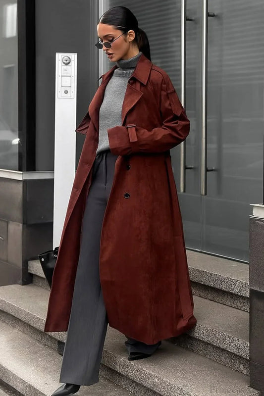 Vintage Maillard Notched Collar Suede Tie-Waist Overcoat