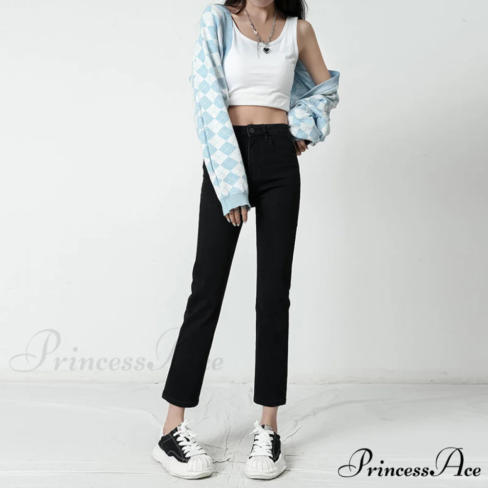 Vintage Mid Waist Elegant Skinny Jeans Black / XS