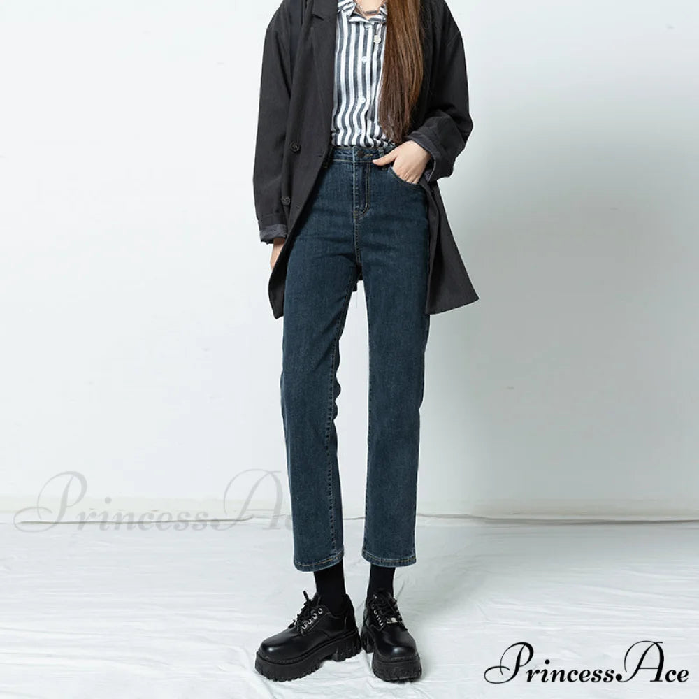 Vintage Mid Waist Elegant Skinny Jeans Blue Gray / XS