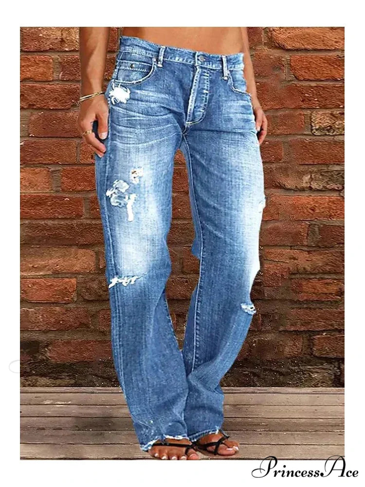 Vintage Middle-Waist Ripped Straight Blue Wide-Leg Denim Jean Light Blue / S