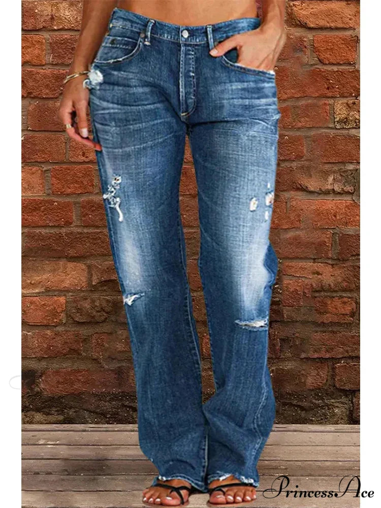 Vintage Middle-Waist Ripped Straight Blue Wide-Leg Denim Jean Blue / S