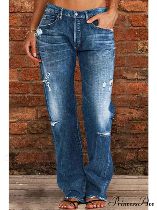 Vintage Middle-Waist Ripped Straight Blue Wide-Leg Denim Jean Blue / S