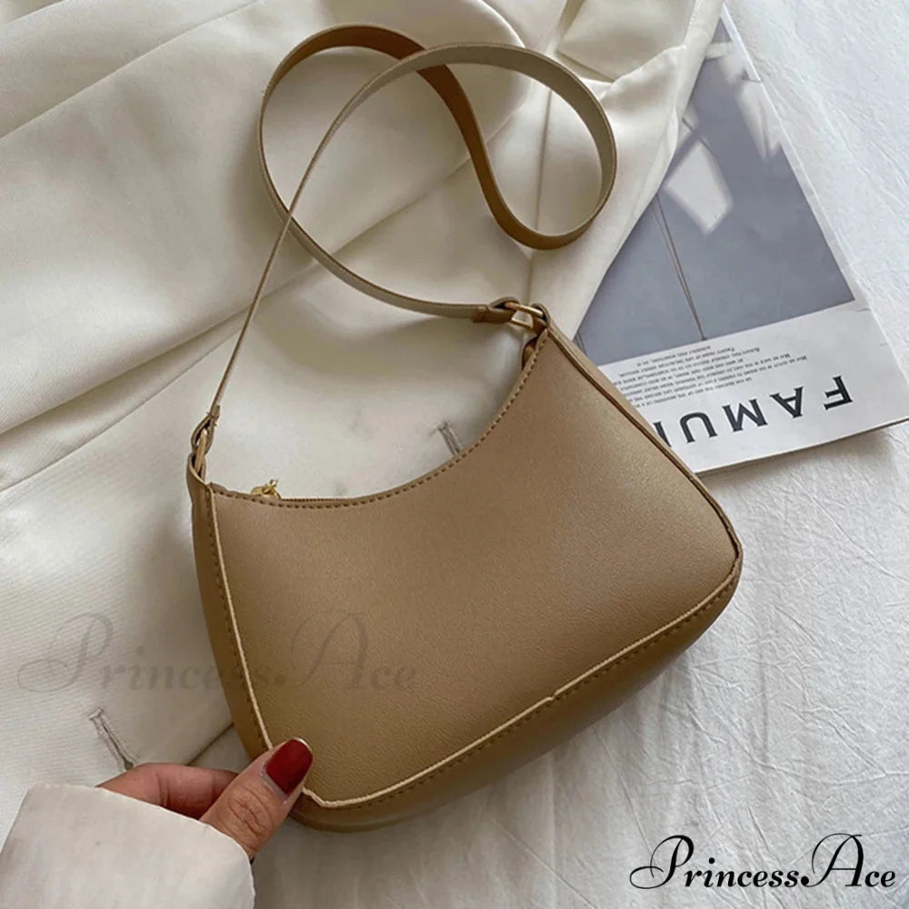 Vintage Monochromatic Faux Leather Underarm Bag Camel / 20x14x5cm shoulder-250126