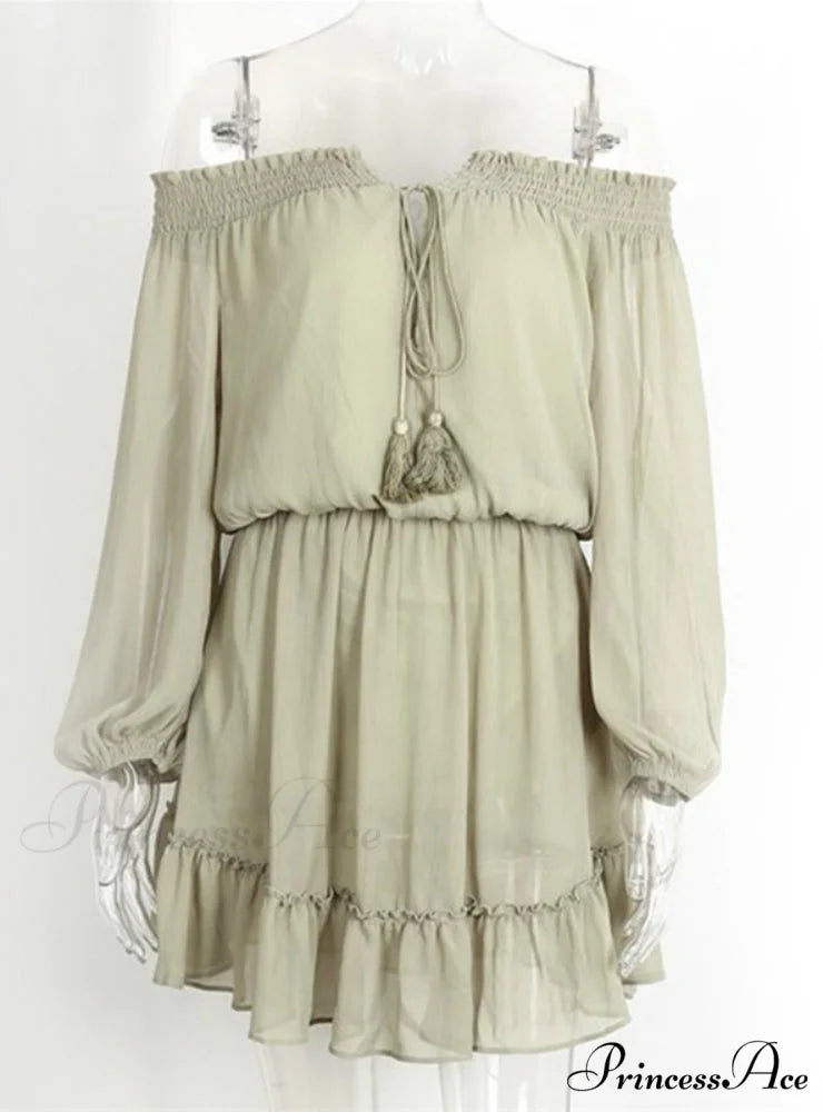 Vintage Off Shoulder Chiffon Dress with Long Lantern Sleeves M / Pink