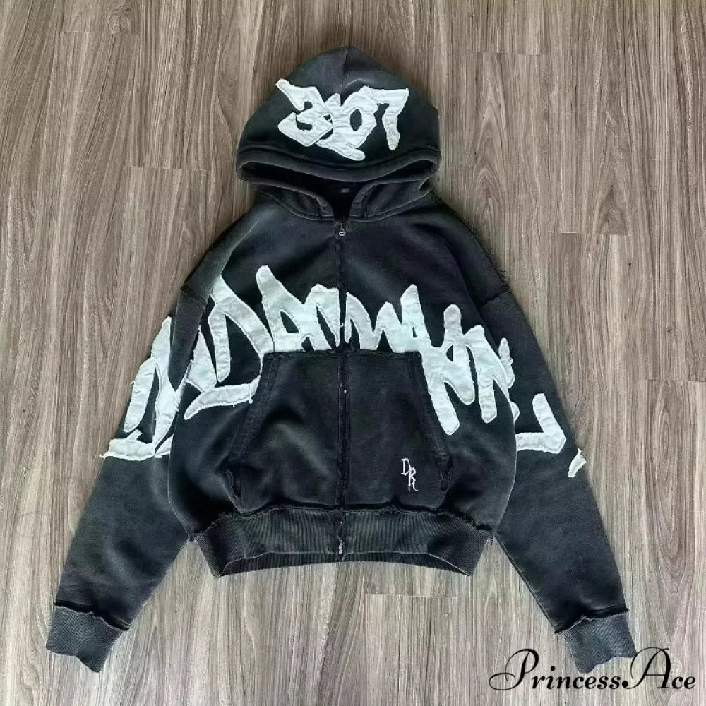 Vintage Patched Letter Zip Hoodie black 6 / M hoodies-241228