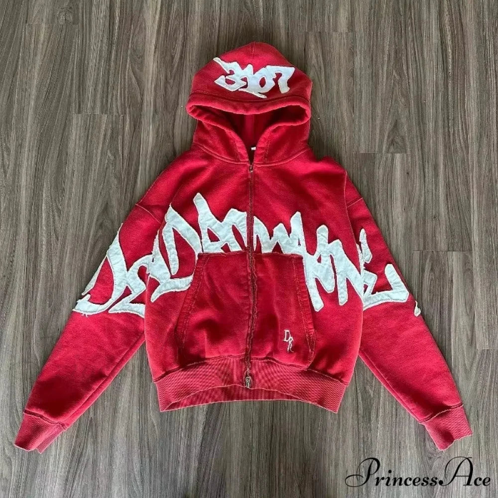 Vintage Patched Letter Zip Hoodie red 2 / M hoodies-241228