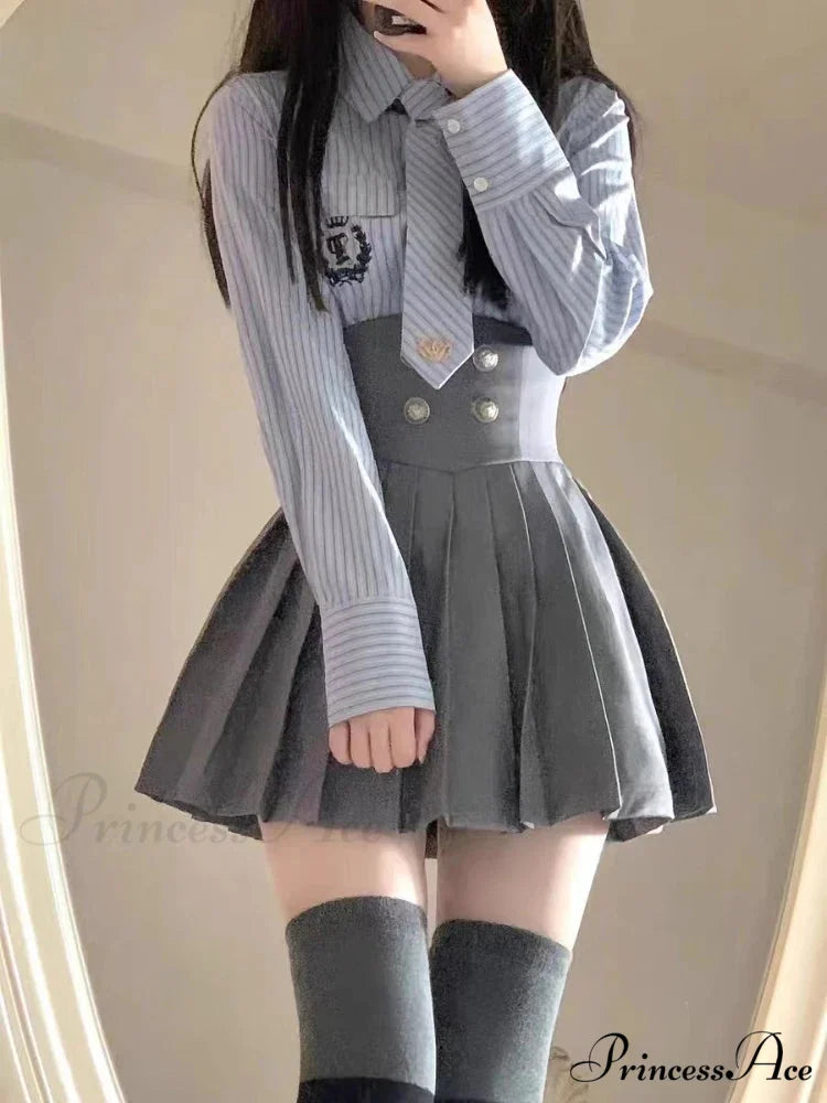 Vintage Patchwork Kawaii Korean Fashion Short Suit GRAY / S