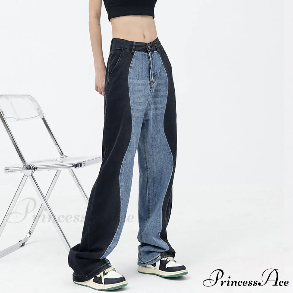 Vintage Patchwork Straight Wide Leg Jeans Blue / S