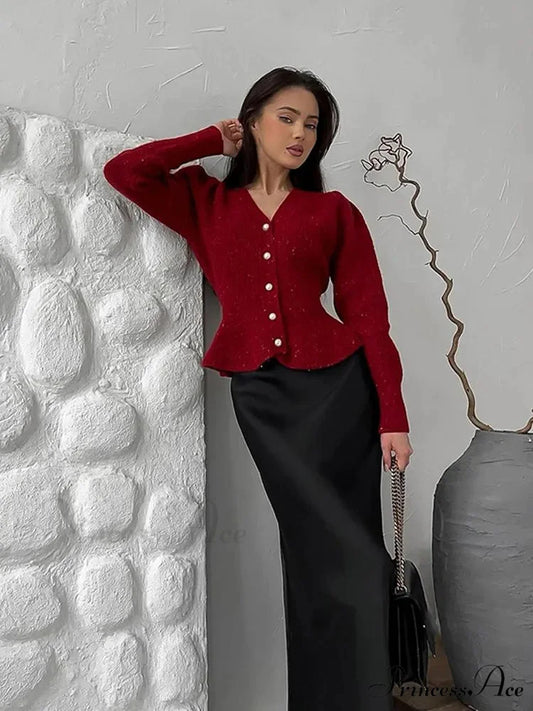 Vintage Pearl Button Slim Fit V-Neck Long Sleeve Christmas Sweater