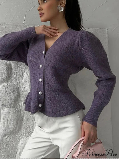 Vintage Pearl Button Slim Fit V-Neck Long Sleeve Christmas Sweater Grey / S