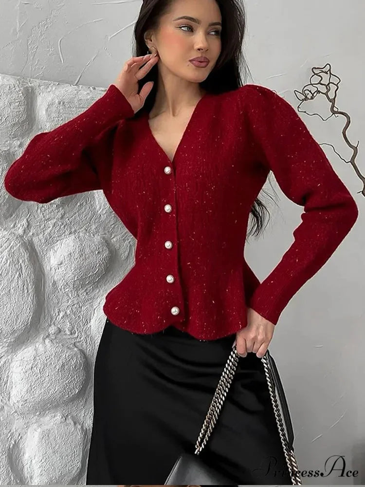 Vintage Pearl Button Slim Fit V-Neck Long Sleeve Christmas Sweater Red / S