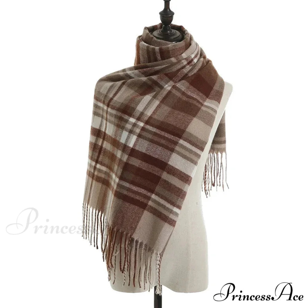 Vintage Plaid Cashmere Knit Tassel Scarf for Women BROWN