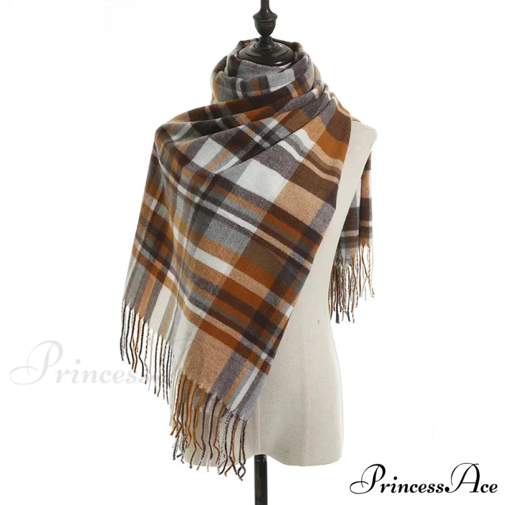 Vintage Plaid Cashmere Knit Tassel Scarf for Women ORANGE