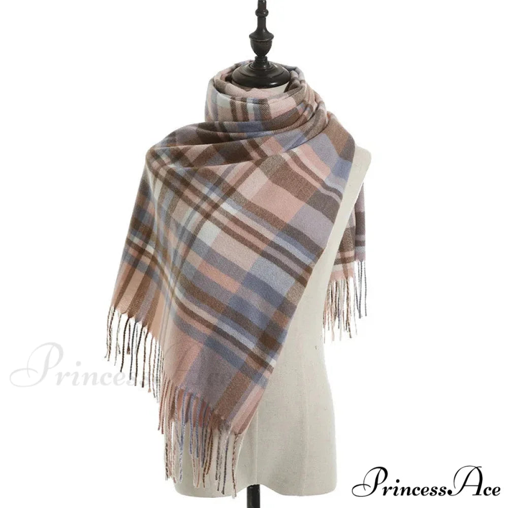 Vintage Plaid Cashmere Knit Tassel Scarf for Women PINK - BLUE
