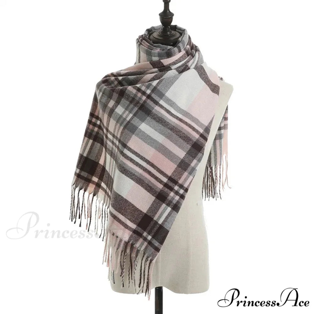 Vintage Plaid Cashmere Knit Tassel Scarf for Women PINK - GREY
