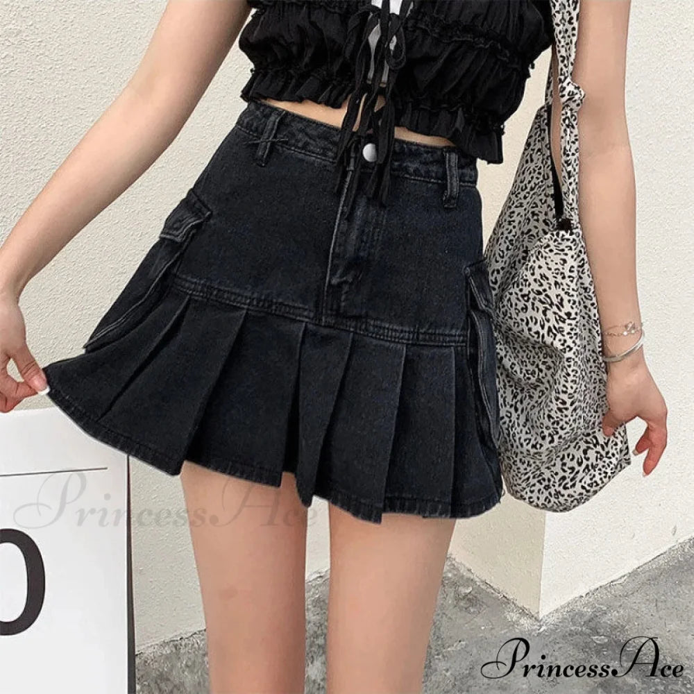 Vintage Pleated Black Y2K Gothic Patchwork A-line Skirt Black / S