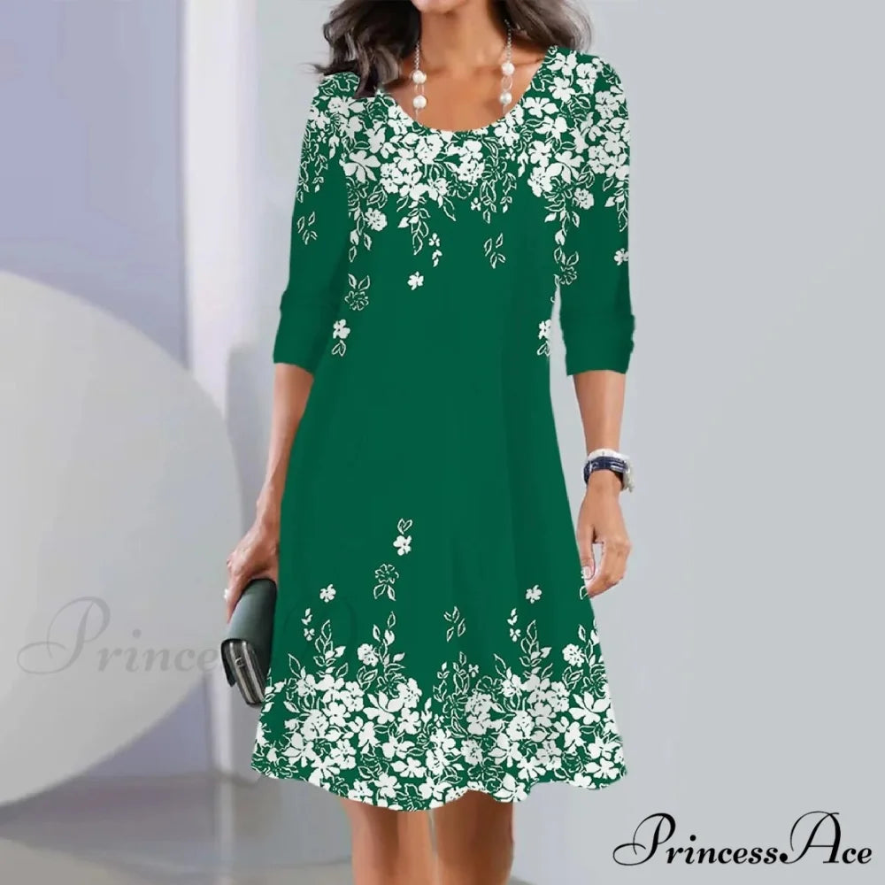 Vintage Polka Dot Print Long Maxi Round Neck Short Sleeve Pockets Loose Casual Summer 2024 Dress Green / M