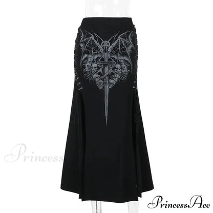 Vintage Print High Waist Mermaid Maxi Gothic Long Gothic Print Sexy High-slit Skirt Black / S