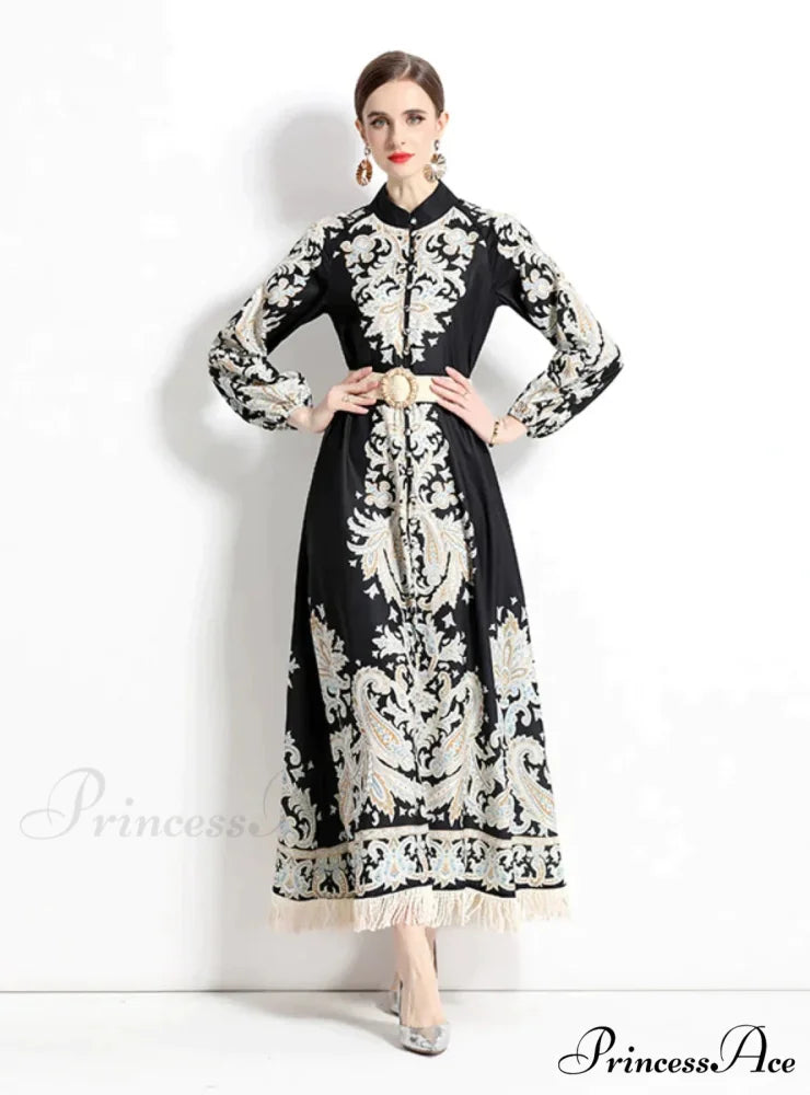Vintage Printed Fringed Dress with Long Sleeves 2XL / white