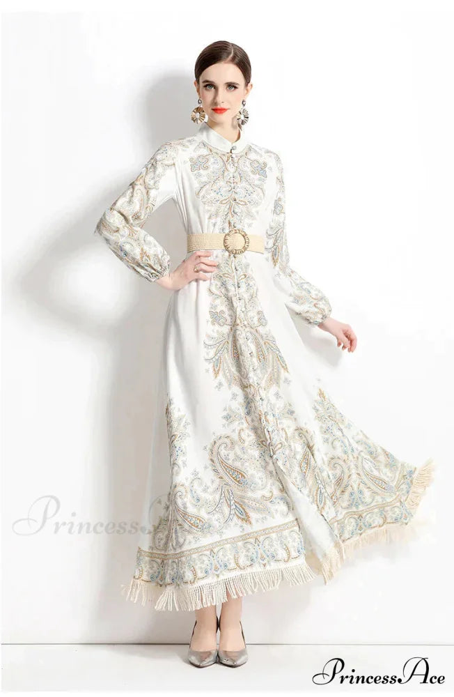 Vintage Printed Fringed Dress with Long Sleeves S / white