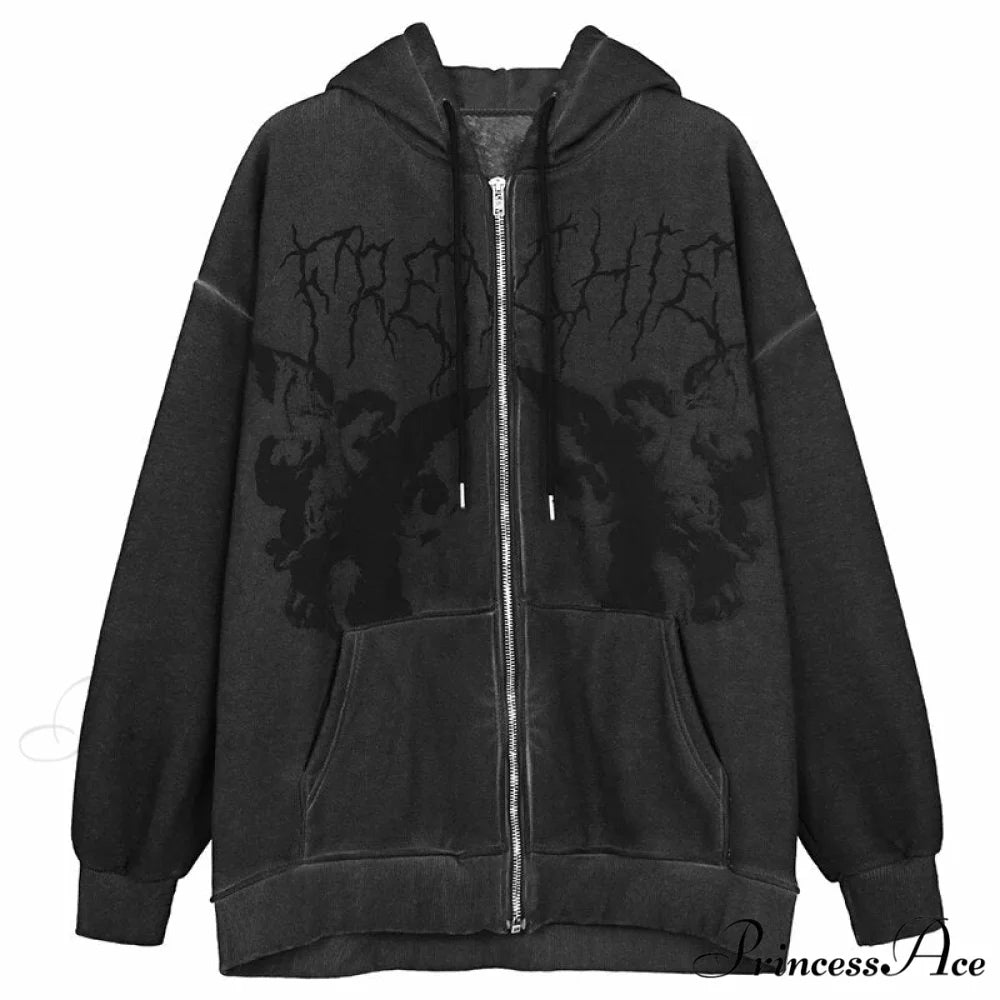 Vintage Printed Zip Up Hoodie Black / M