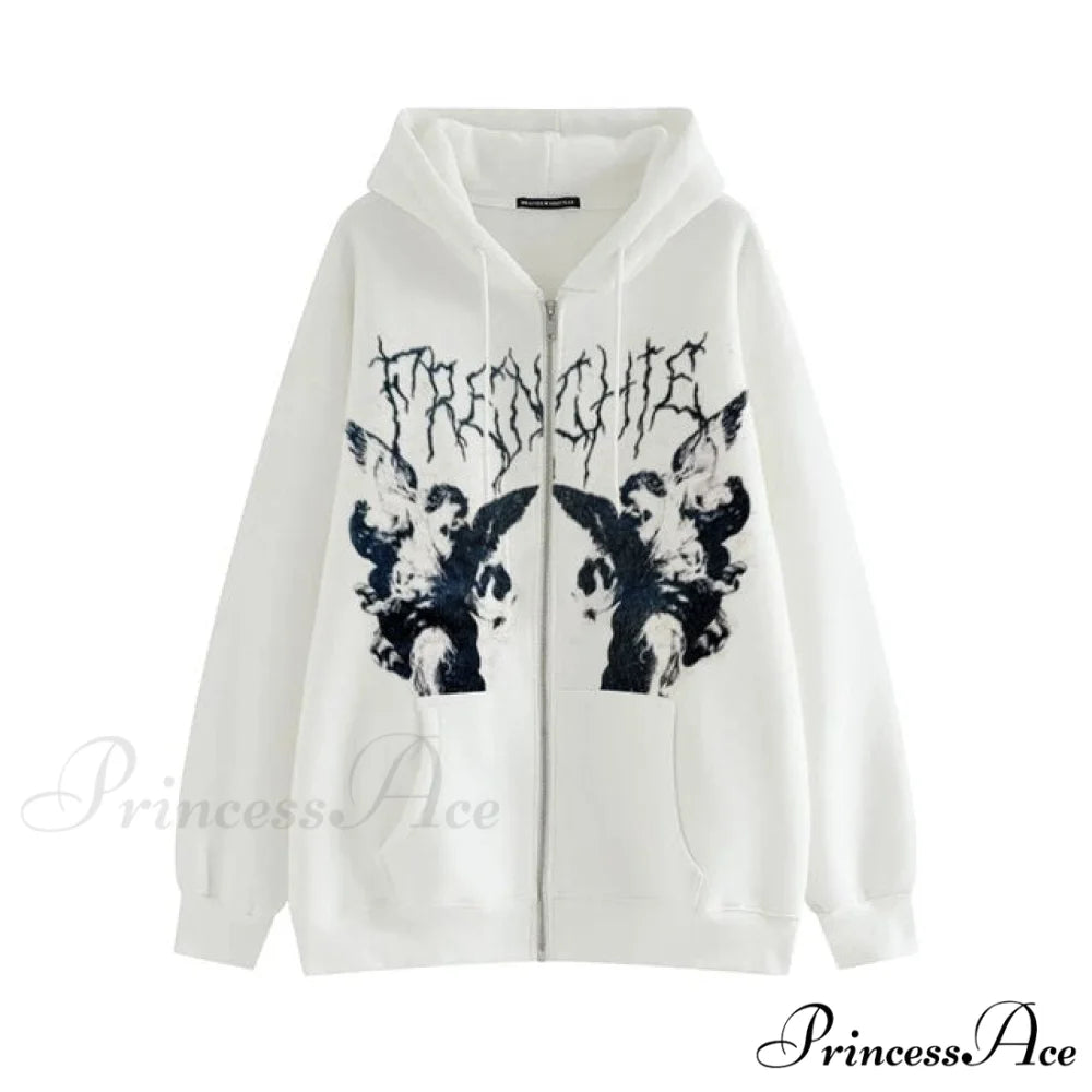 Vintage Printed Zip Up Hoodie White / M