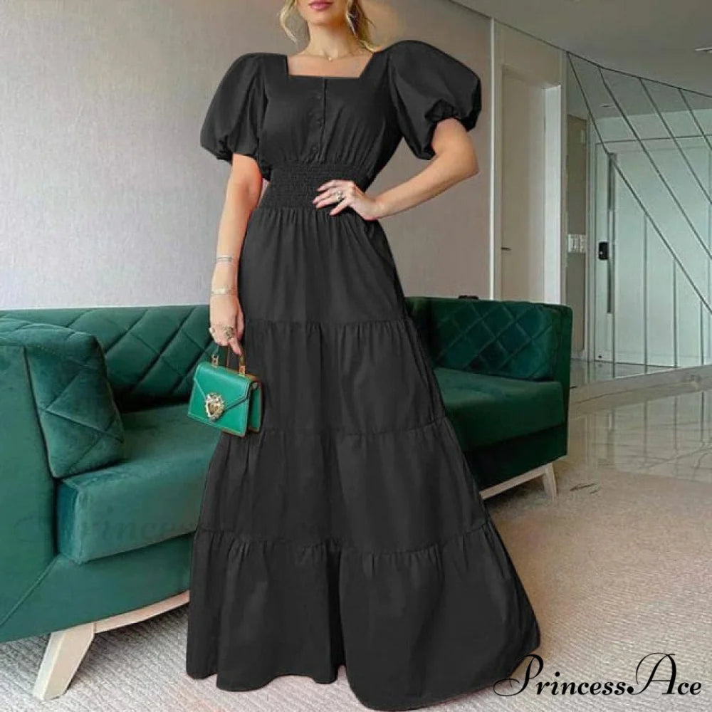 Vintage Puff Sleeve Party Maxi Dress Black / S