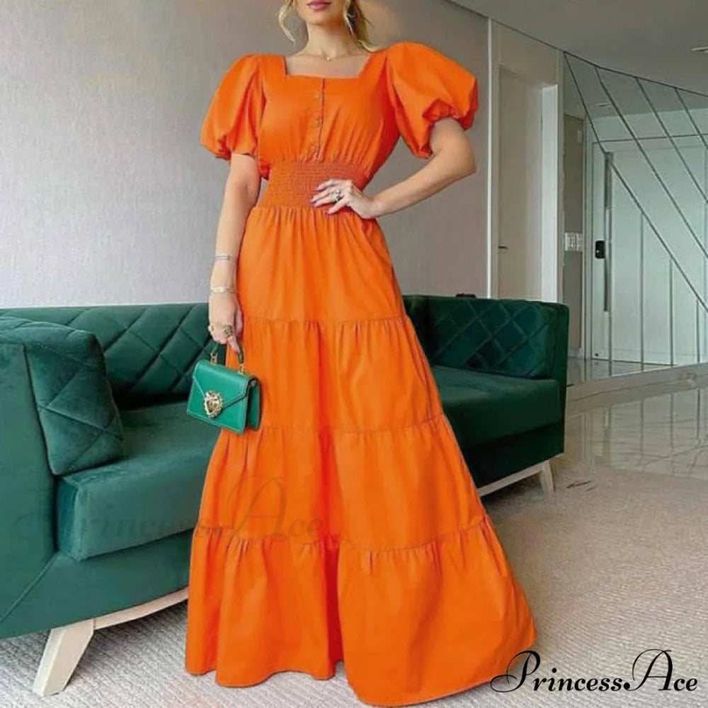Vintage Puff Sleeve Party Maxi Dress Orange / S
