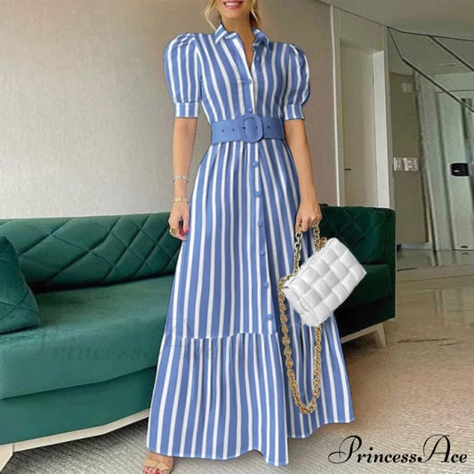 Vintage Puff Sleeve Party Maxi Dress Striped Print / S