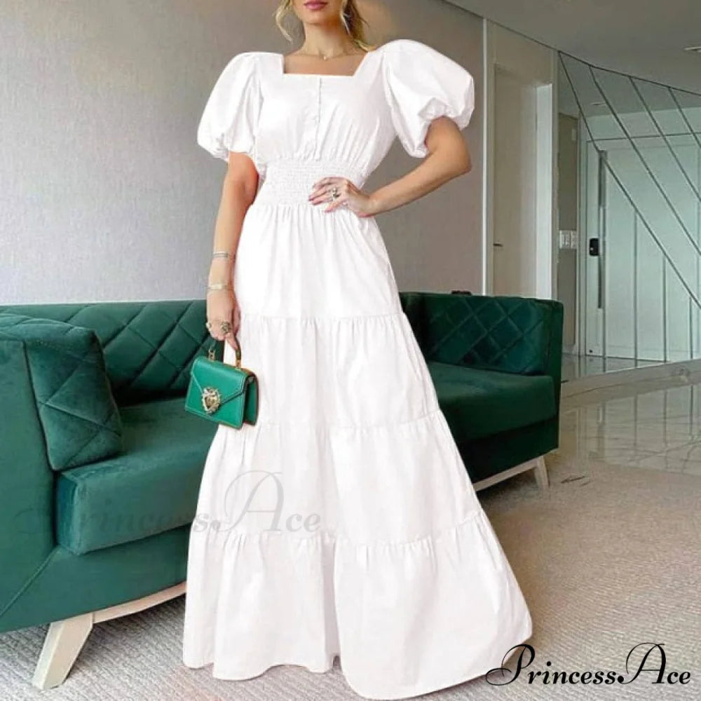 Vintage Puff Sleeve Party Maxi Dress White 2 / S