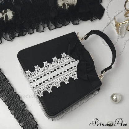 Vintage Punk Black White Doll Satchels Bowtie Imitation Pearl Lace Bag BLACK