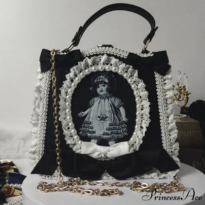 Vintage Punk Black White Doll Satchels Bowtie Imitation Pearl Lace Bag BLACK
