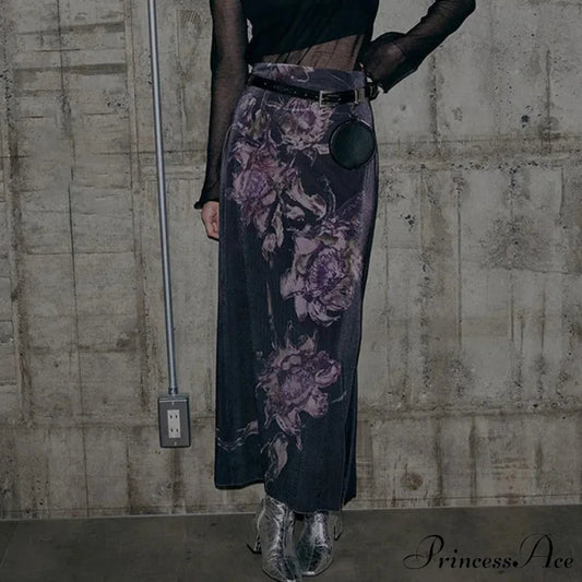 Vintage Purple Floral Print Slit Autumn Skirt skirt-250126