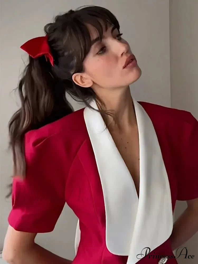 Vintage Red Contrasting Button Mini Dresses Elegant V Neck A-Line Christmas Party Dress